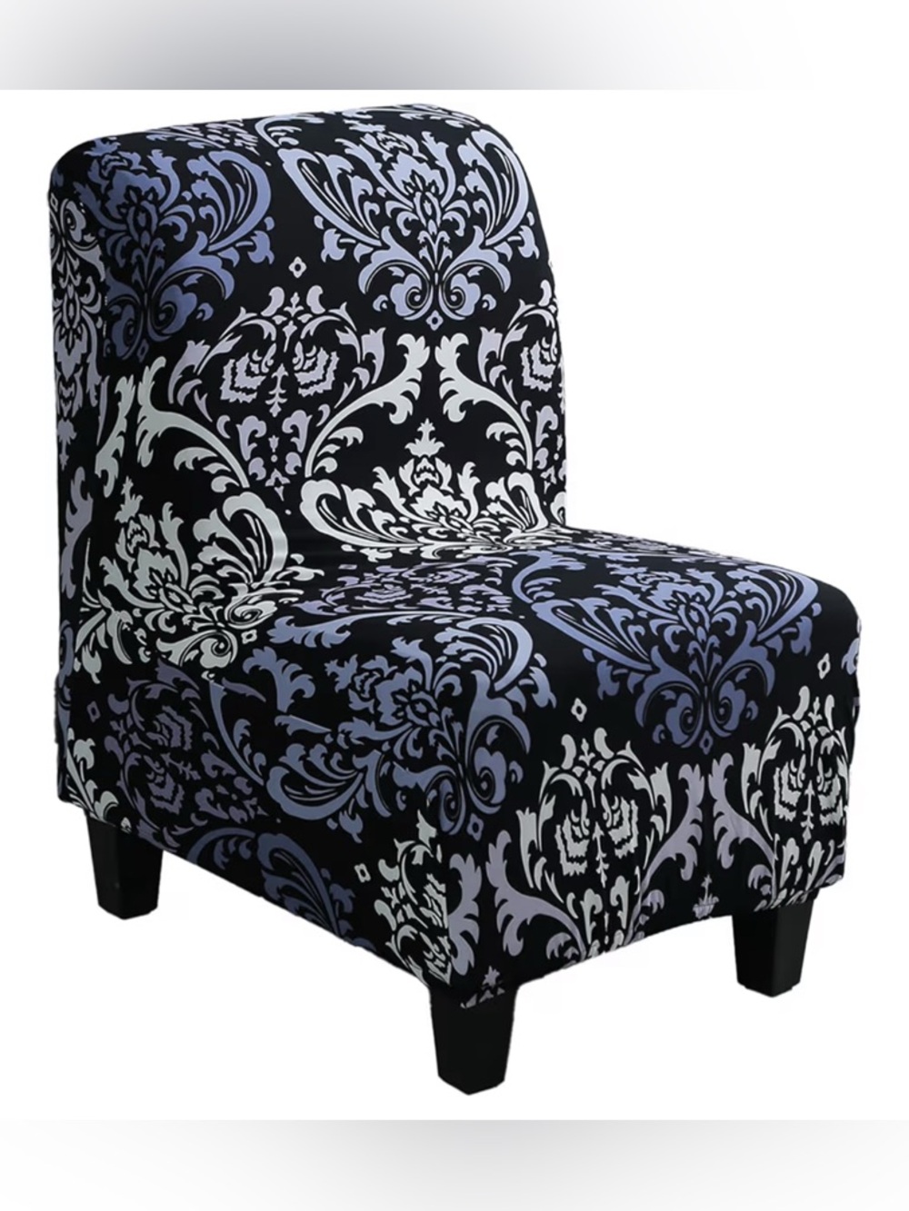Damask Accent Armless Chair Slipcover - Black and blue White Pattern